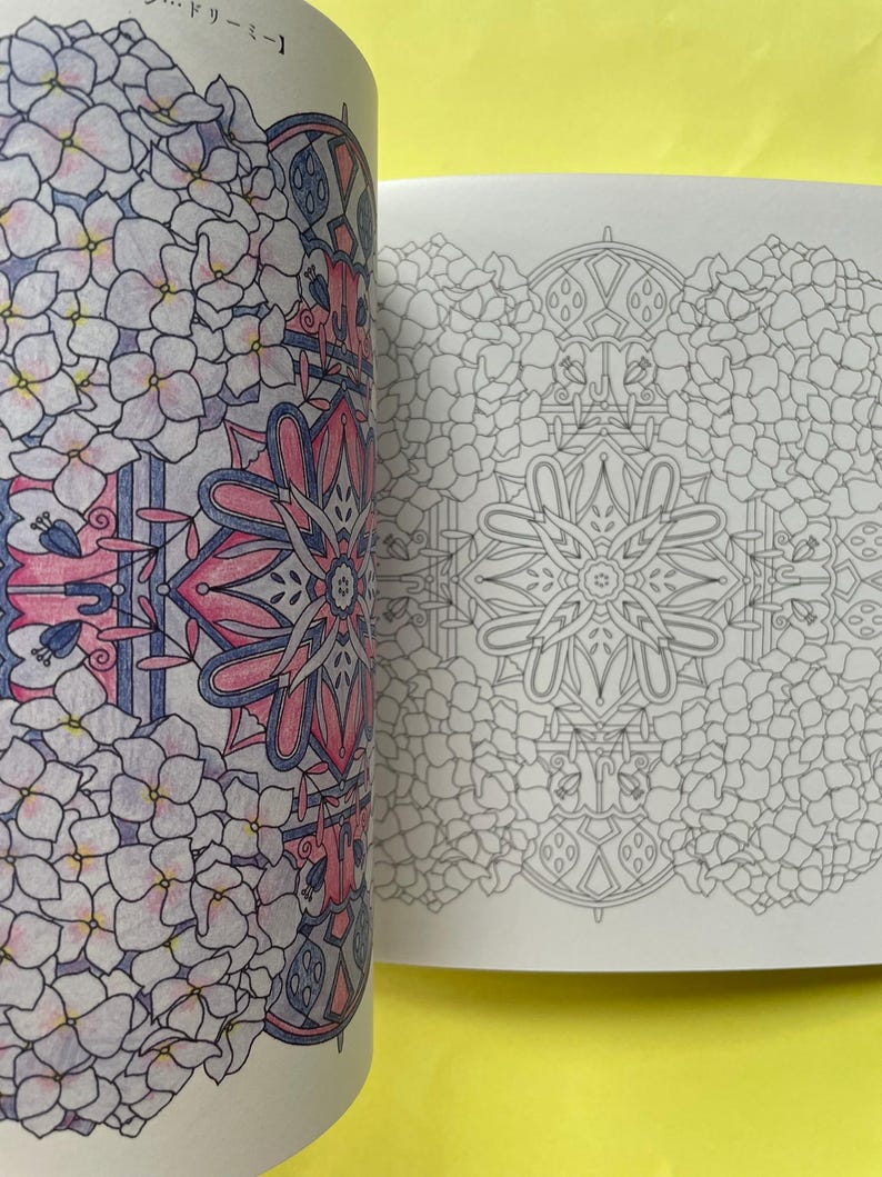 May include: A coloring book with two pages showing intricate floral and geometric patterns. The left page is partially colored in shades of pink, blue, and purple, featuring hydrangea-like flowers and umbrellas. The right page is a black and white line art.