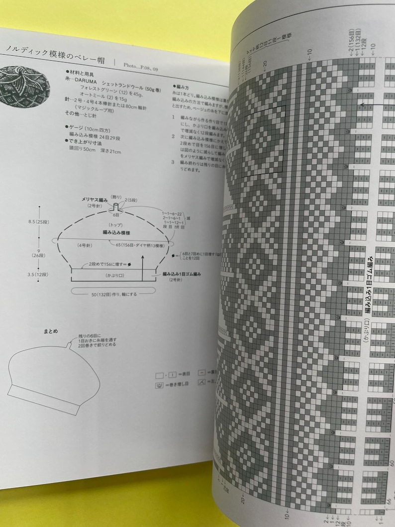 May include: A page from a knitting instruction book featuring a black and white geometric pattern chart for a beret. The page includes technical diagrams, Japanese text, and numerical measurements for knitting a hat with a 50cm circumference.