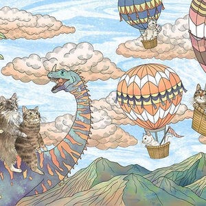 May include: A whimsical illustration depicts a dinosaur with cats on its back, set against a backdrop of hot air balloons and mountains. The sky is filled with clouds. The artwork has a storybook style.
