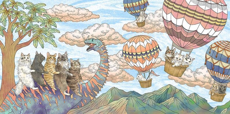 May include: A whimsical illustration depicts a dinosaur with cats on its back, set against a backdrop of hot air balloons and mountains. The sky is filled with clouds. The artwork has a storybook style.