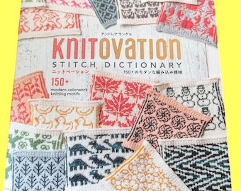 May include: A book titled Knitovation Stitch Dictionary featuring 150+ modern colorwork knitting motifs. The cover displays numerous square swatches with diverse patterns including leaves, dinosaurs, waves, and geometric shapes in various colors.