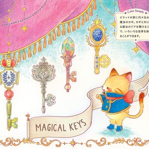 Puede incluir: Ilustraci&oacute;n de cinco llaves ornamentadas con detalles de joyas y coronas, con el texto "MAGICAL KEYS". Un gato de dibujos animados con una chaqueta azul y una pajarita roja est&aacute; de pie junto a una pancarta. El fondo presenta cortinas rosas.