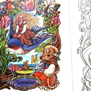 May include: A colorful illustration of a girl riding a blue bird with a butterfly and flowers in the background. A mouse wearing a red dress and a hat is sitting on a rock with a cup of tea. The text "Tommelise" is written in a decorative frame.