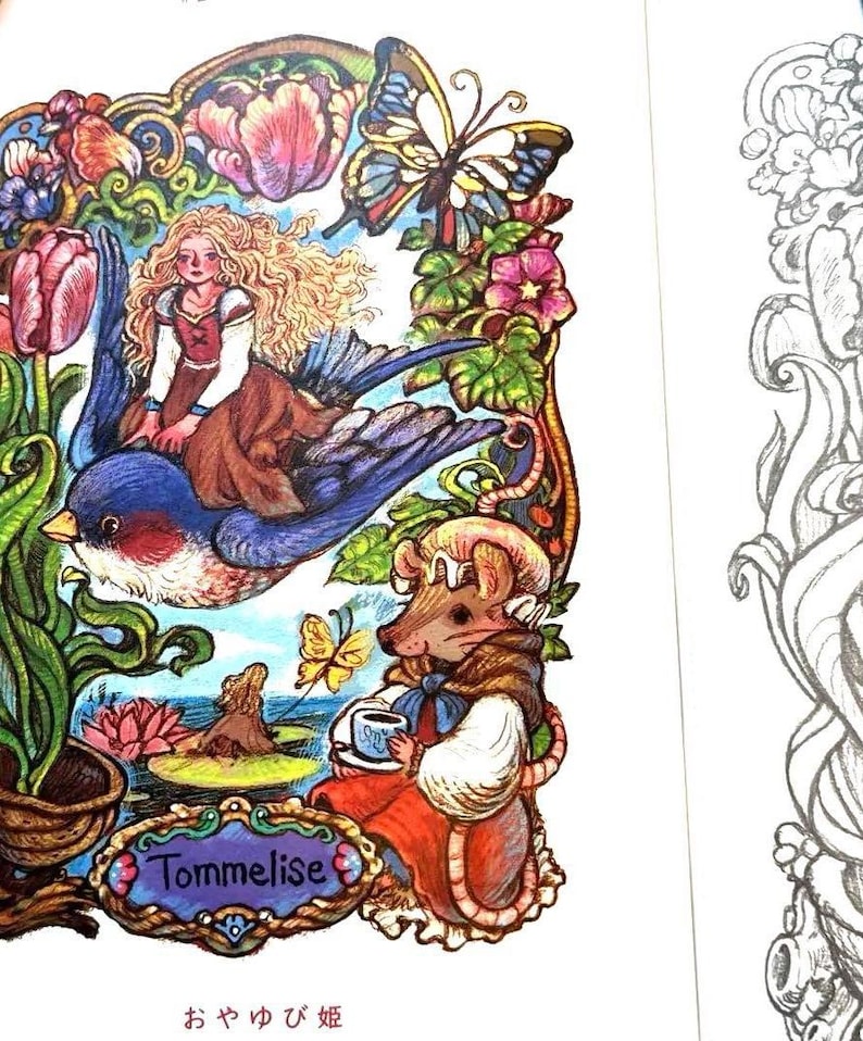 May include: A colorful illustration of a girl riding a blue bird with a butterfly and flowers in the background. A mouse wearing a red dress and a hat is sitting on a rock with a cup of tea. The text "Tommelise" is written in a decorative frame.