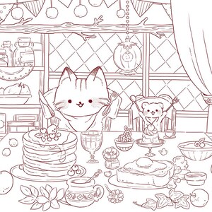 Puede incluir: Ilustraci&oacute;n de un gato y un oso en una mesa preparada para una comida. La mesa est&aacute; llena de panqueques, fruta y otros platos. El gato sostiene un cuchillo y un tenedor, y el oso levanta los brazos con entusiasmo.
