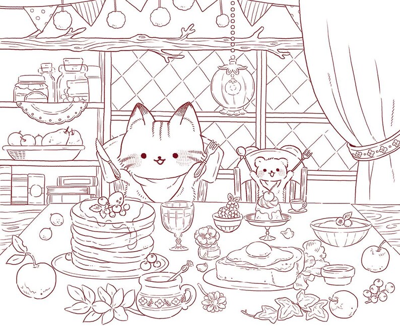Puede incluir: Ilustraci&oacute;n de un gato y un oso en una mesa preparada para una comida. La mesa est&aacute; llena de panqueques, fruta y otros platos. El gato sostiene un cuchillo y un tenedor, y el oso levanta los brazos con entusiasmo.