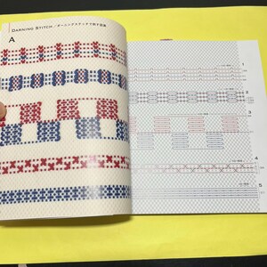Puede incluir: Libro abierto que muestra patrones de punto de zurcido en rojo y azul sobre un fondo crema. La p&aacute;gina izquierda muestra varios dise&ntilde;os de puntadas, mientras que la p&aacute;gina derecha presenta diagramas. El texto "DARNING STITCH" es visible.