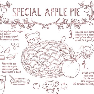 Puede incluir: Ilustraci&oacute;n de dibujo lineal de una receta especial de tarta de manzana. La imagen incluye instrucciones paso a paso con texto e ilustraciones de ingredientes y el proceso de horneado. El texto dice "SPECIAL APPLE PIE".