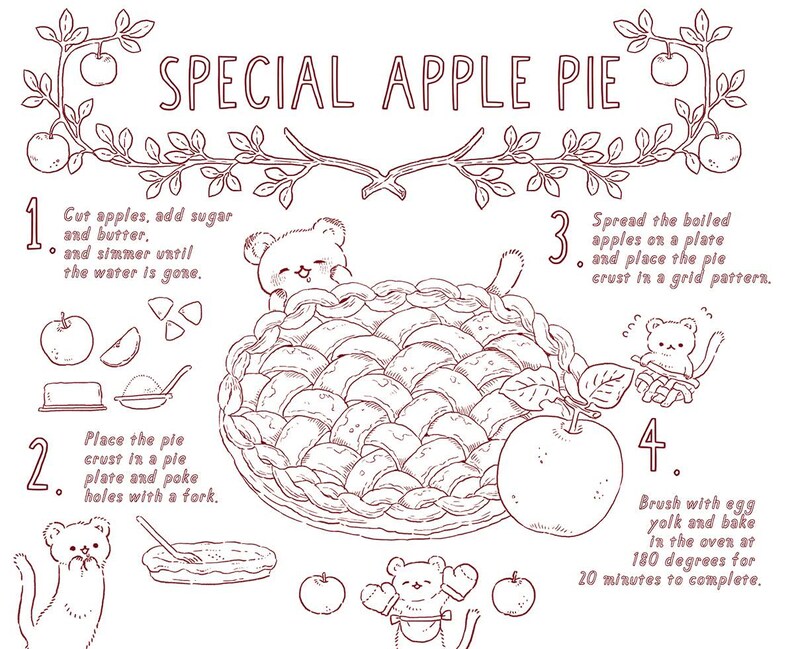 Puede incluir: Ilustraci&oacute;n de dibujo lineal de una receta especial de tarta de manzana. La imagen incluye instrucciones paso a paso con texto e ilustraciones de ingredientes y el proceso de horneado. El texto dice "SPECIAL APPLE PIE".