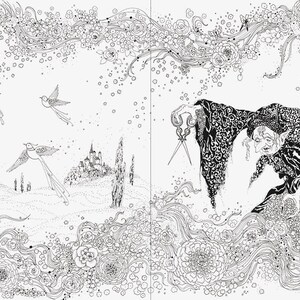 May include: Black and white illustration featuring a detailed fantasy scene. The artwork depicts birds, a castle, and a figure with scissors, with the word "RAPHAZEL" at the top. The style is intricate and whimsical.