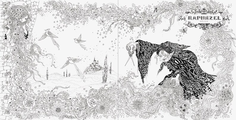 May include: Black and white illustration featuring a detailed fantasy scene. The artwork depicts birds, a castle, and a figure with scissors, with the word "RAPHAZEL" at the top. The style is intricate and whimsical.