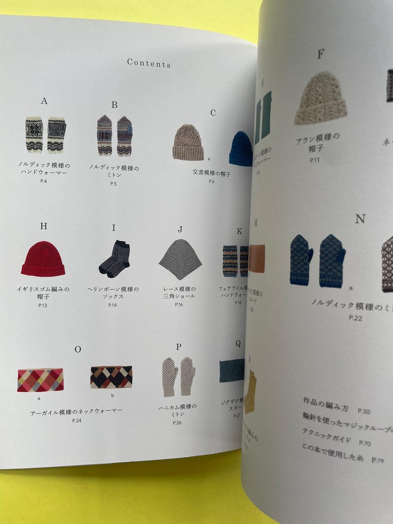 May include: A contents page from a craft book featuring various knitted items labelled with letters A through Q. The page displays images of hand warmers, mittens, hats, socks, and scarves with Japanese text and page numbers for each project.