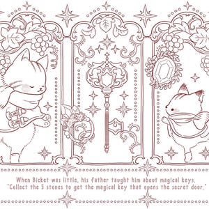 Puede incluir: Ilustraci&oacute;n caprichosa en tonos sepia, dividida en tres paneles arqueados. Cada panel muestra un personaje de gato con elementos decorativos como uvas, estrellas y una llave. El texto en la parte inferior dice: "Cuando Bicket era peque&ntilde;o, su padre le ense&ntilde;&oacute; sobre llaves m&aacute;gicas."