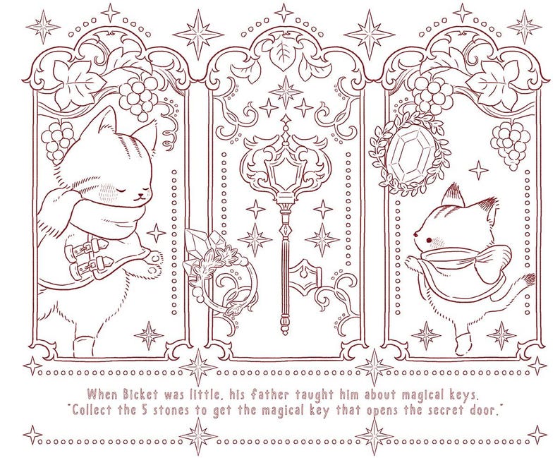 Puede incluir: Ilustraci&oacute;n caprichosa en tonos sepia, dividida en tres paneles arqueados. Cada panel muestra un personaje de gato con elementos decorativos como uvas, estrellas y una llave. El texto en la parte inferior dice: "Cuando Bicket era peque&ntilde;o, su padre le ense&ntilde;&oacute; sobre llaves m&aacute;gicas."