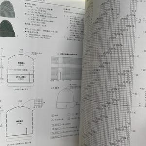 May include: An open instructional book page featuring knitting patterns for hats. The page displays black text and diagrams on white paper, including detailed stitch charts, measurement specifications in centimetres, and illustrations of finished hat shapes.
