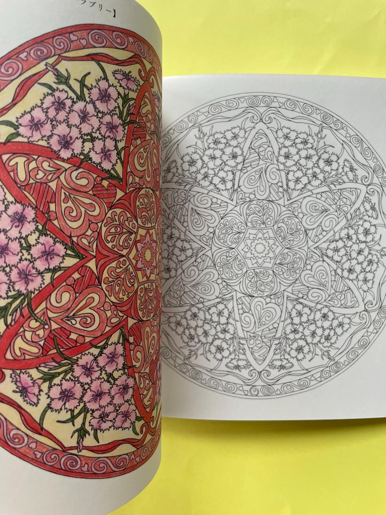 May include: A coloring book featuring a circular mandala design with floral and heart patterns. The left page is colored in shades of pink, red, and yellow, while the right page displays the same intricate line art in black and white on paper.