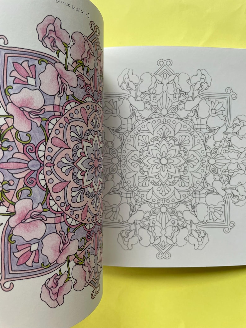 May include: A coloring book featuring two pages with intricate floral mandala designs. The left page is partially colored in shades of pink, purple, and lavender, while the right page displays the same detailed black and white line art pattern.