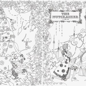 May include: Detailed black and white illustration from "The Nutcracker" featuring scenes of a battle, a decorated Christmas tree, and two figures in ornate dresses. The title is displayed at the top.