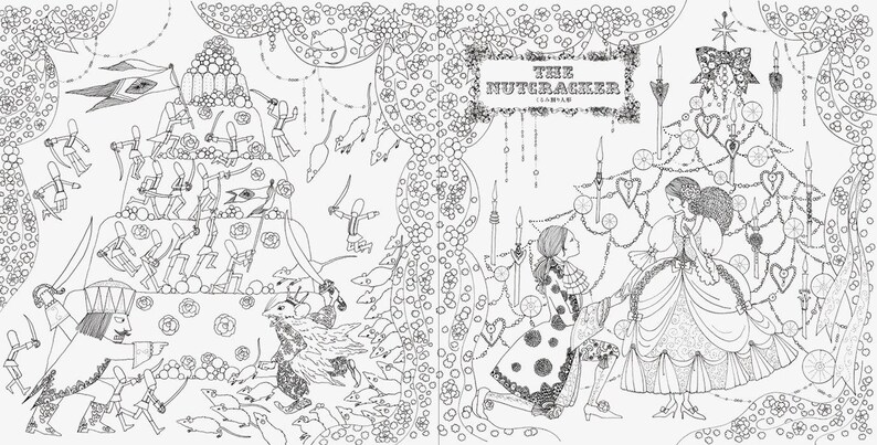 May include: Detailed black and white illustration from "The Nutcracker" featuring scenes of a battle, a decorated Christmas tree, and two figures in ornate dresses. The title is displayed at the top.
