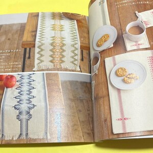 Puede incluir: Un libro abierto muestra varios art&iacute;culos de decoraci&oacute;n del hogar. Se ve un camino de mesa con un patr&oacute;n geom&eacute;trico y flecos, un mantel individual con un dise&ntilde;o rojo y blanco y un posavasos con un dise&ntilde;o a juego. Tambi&eacute;n hay un plato con galletas y una taza de caf&eacute;.