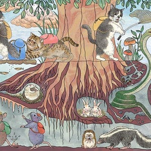 May include: A detailed illustration of a forest scene with various animals, including cats, mice, and bears. The cats are depicted with backpacks and fishing nets, while other animals like a snake and rabbits are also present. The artwork has a storybook style with a detailed, colourful design.