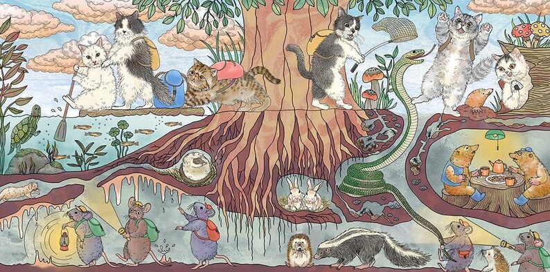 May include: A detailed illustration of a forest scene with various animals, including cats, mice, and bears. The cats are depicted with backpacks and fishing nets, while other animals like a snake and rabbits are also present. The artwork has a storybook style with a detailed, colourful design.