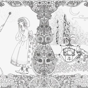 May include: Detailed black and white illustration of Cinderella. The image features Cinderella, a fairy godmother with a wand, a carriage pulled by horses, and a castle in the background. The word "Cinderella" is at the top.