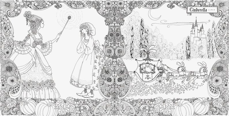 May include: Detailed black and white illustration of Cinderella. The image features Cinderella, a fairy godmother with a wand, a carriage pulled by horses, and a castle in the background. The word "Cinderella" is at the top.