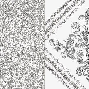 May include: Black and white floral pattern design. The image features two distinct patterns: a detailed, symmetrical floral design and a diamond-shaped pattern with a central floral motif and border. The designs are intricate and suitable for various applications.