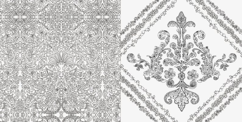 May include: Black and white floral pattern design. The image features two distinct patterns: a detailed, symmetrical floral design and a diamond-shaped pattern with a central floral motif and border. The designs are intricate and suitable for various applications.