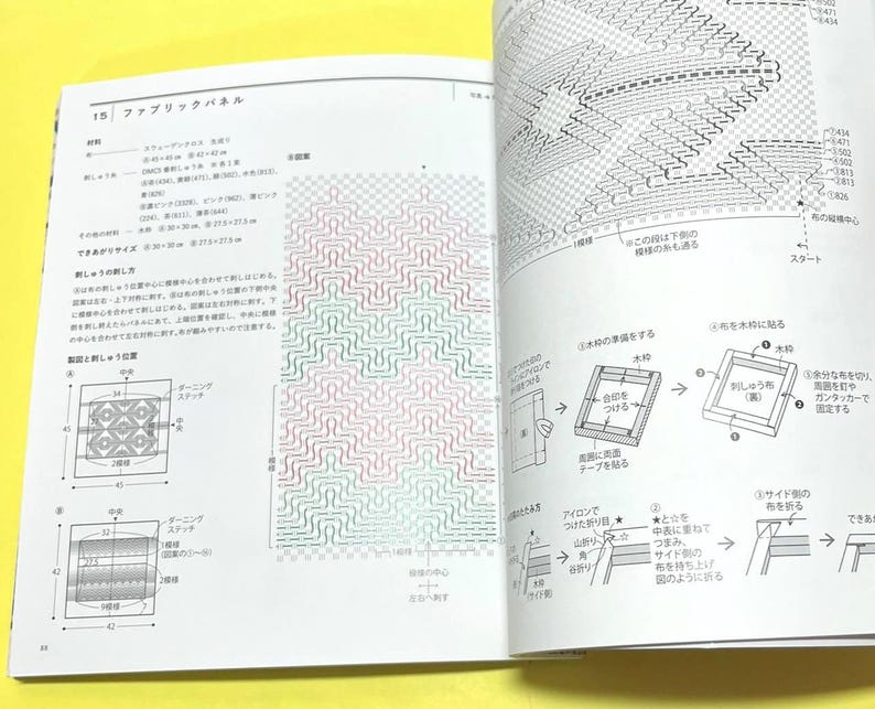 Puede incluir: Libro abierto con texto y diagramas japoneses para instrucciones de paneles de tela. Las p&aacute;ginas muestran ilustraciones detalladas de patrones de costura, medidas en cm y gu&iacute;as paso a paso para manualidades textiles. La combinaci&oacute;n de colores incluye verde, rojo y blanco.