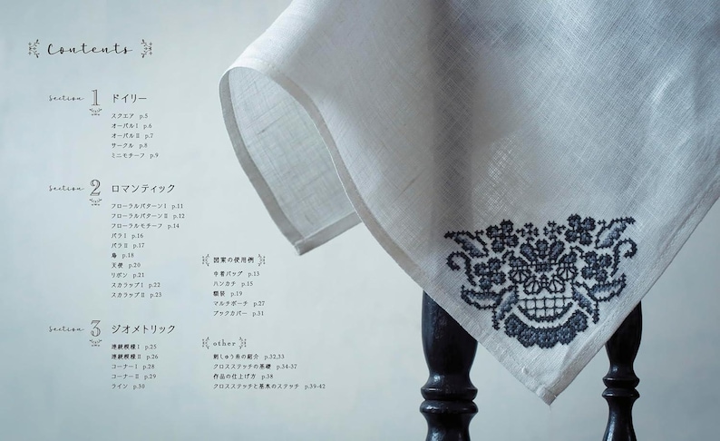 Op de afbeelding: Een wit linnen textiel met een donkerblauwe bloemen- en schedelborduurontwerp. Het textiel is gedrapeerd over een donkere houten tafel. De afbeelding toont ook tekst in het Japans.