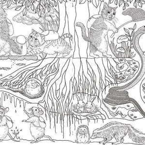 May include: Detailed black and white illustration of a forest scene with cats, mice, and other animals. Cats row a boat, fish, and interact with a snake. Mice carry lanterns and enjoy tea. A coloring book page.