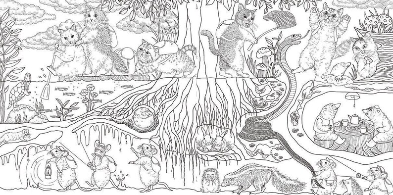 May include: Detailed black and white illustration of a forest scene with cats, mice, and other animals. Cats row a boat, fish, and interact with a snake. Mice carry lanterns and enjoy tea. A coloring book page.