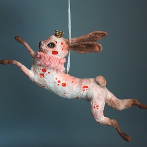 OOAK Handmade Vintage Hare Ornament, Spun Cotton Bunny, Unique Christmas Tree Decoration, Hand-Painted Rabbit, Holiday Gift for Collectors