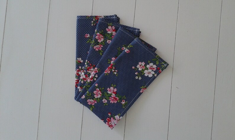 Set of Four Cotton Blue Flowered Napkins