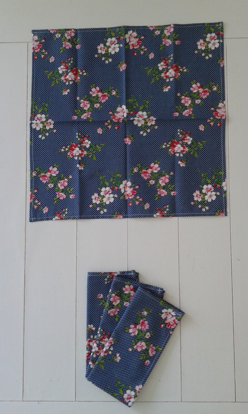 Set of Four Cotton Blue Flowered Napkins
