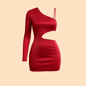 Peut inclure: Une mini-robe rouge vif à une épaule. La robe présente une manche longue d'un côté et une fine bretelle de l'autre. Un détail découpé est présent à la taille. La robe est faite d'un tissu lisse et brillant.