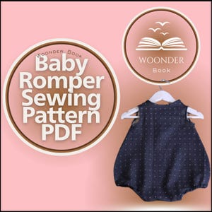 Peut inclure: Un barboteuse bleu marine à pois blancs pour bébé est suspendue à un cintre blanc. L'image comprend deux logos circulaires avec le texte : "WOONDER Book" et "Baby Romper Sewing Pattern PDF."