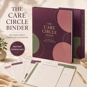 Peut inclure: Un classeur violet foncé intitulé The Care Circle Binder 100-Page Family Caregiver Organizer avec des accents graphiques circulaires dorés. L'ensemble comprend plusieurs feuilles volantes avec des titres comme Care Plan Overview et Important Contacts.