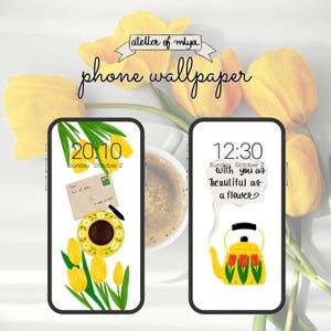 Fondo de pantalla de teléfono de tulipanes amarillos / Cartas antiguas y una taza de café / Una tetera con tulipanes rojos