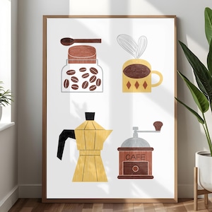Puede incluir: Una lámina enmarcada con cuatro ilustraciones sobre el café: un tarro de cristal con granos de café marrones y una cuchara de madera, una taza amarilla con vapor, una cafetera italiana amarilla y un molinillo de café marrón con la palabra CAFE.