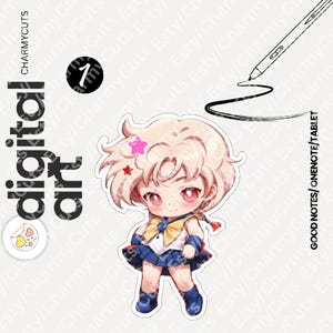 May include: A digital art sticker featuring a chibi character with short blonde hair, pink eyes, and a sailor-style outfit with a blue skirt and yellow bow. The image includes the text CHARMYCUTS, digital art, 1, and GOOD NOTES/ONENOTE/TABLET.