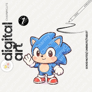 May include: A digital art illustration of a blue hedgehog character with large eyes, white gloves, and red shoes. The image includes the text "digital art", "CHARMYCUTS", and "GOOD NOTES/ONENOTE/TABLET", along with a stylus drawing a black line.