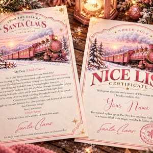 Carta navideña personalizada de Papá Noel y certificado de lista de niños buenos (descarga digital) Plantilla de tren de vapor