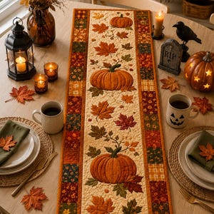 Peut inclure: Un chemin de table matelassé rectangulaire présentant un panneau central avec des citrouilles orange et des feuilles d'automne multicolores sur fond crème, bordé d'un patchwork de carrés de tissu orange, marron et vert à motifs de feuilles.