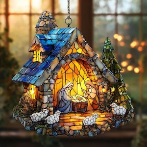 Krippe Acryl Suncatcher, Faux Stained Christian Fensterbehang, Krippe Jesus Christus Dekoration, Religiöses Weihnachten Home Decor