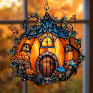 Halloween Pumpkin Cottage Window Hanging, Faux Stained Glass Suncatcher, Whimsical Fall Decor, Cozy Fall Decor, Halloween Gift For Her  hpc2