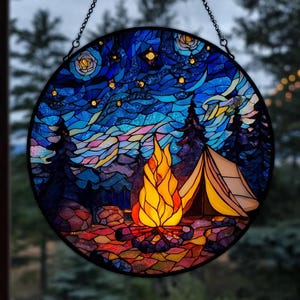 Starry Camp Fire Stained Glass Suncatcher, Starry Night Camping Suncatcher, Campfire Suncatcher, Camping Art, Camping Lover Gifts