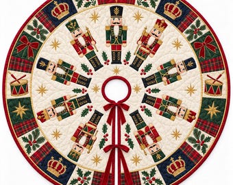 Gonna per albero di Natale trapuntata con motivo Schiaccianoci, decorazione tradizionale per l'albero di Natale, gonna per albero di Natale a quadri rossi e verdi, decorazione festiva per la casa con motivo Schiaccianoci